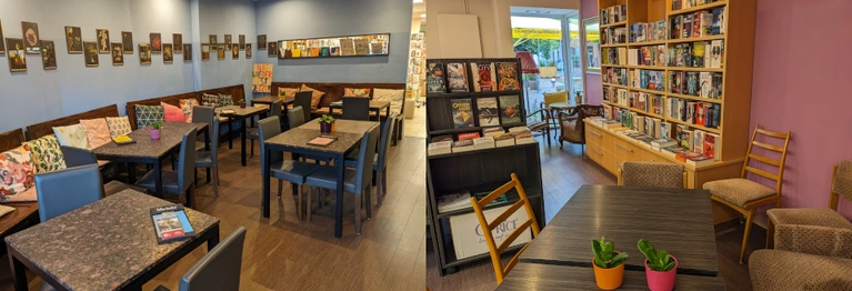 Im hinteren Teil des Buchladens befindet sich der Cafébereich. 
Außerdem gibt es einige Tische zwischen den Büchern und Terrassen sowohl vor als auch hinter dem Haus.