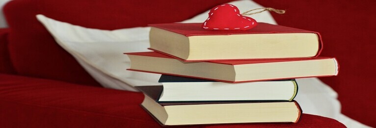 Rotes Sofa auf dem ein Stapel Bücher steht. Obendrauf ein rotes Stoffherz