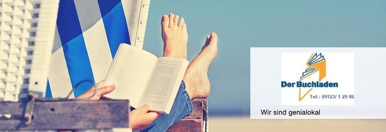 Person in Strandkorb mit geöffneten Buch und Logo der Buchhandlung